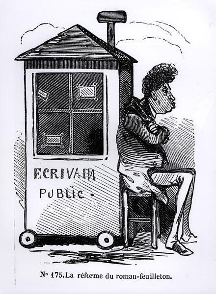 Die Reform des Fortsetzungsromans, Dumas (1802-70) durch einen öffentlichen Briefschreiber, Karikatur aus 