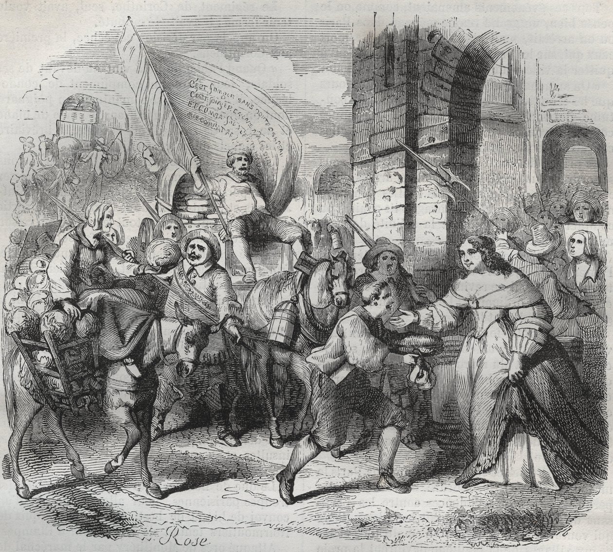 Die Rückkehr von Gonesse, Episode der Fronde: die „Dame von Paris“ begrüßt die „Dame von Aubervilliers“ und die „Nouricier Gonesse“, die gekommen sind, um sie zu versorgen. Gravur frondeuse 1649 - Gravur in „Paris a travers les siecles“ von H. Gourdon de G von French School