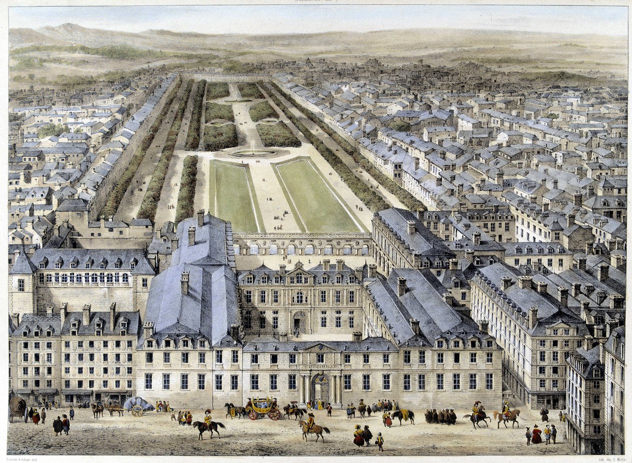 Der Königspalast im Jahr 1679, gesehen von der Rue St Honoré - Lithographie von French School