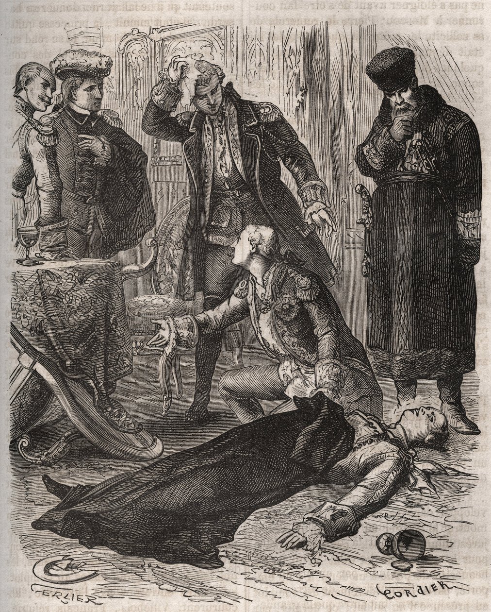 Der russische Kaiser Peter III. (1728-1762), dem eine Residenz zugewiesen wurde, wurde auf Befehl seiner Frau Katharina II., die ihn gerade gestürzt und die Macht übernommen hatte, von Alexei Orlov (1737-1808) und seinen Wachen am 17. Juli 1762 ermordet. G von French School
