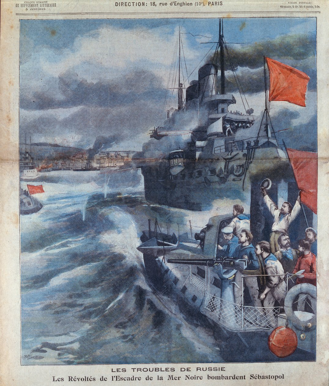Die russische Meuterei im Schwarzen Meer und die Bombardierung von Sebastopol, Illustration aus Le Petit Parisien, 1905 von French School