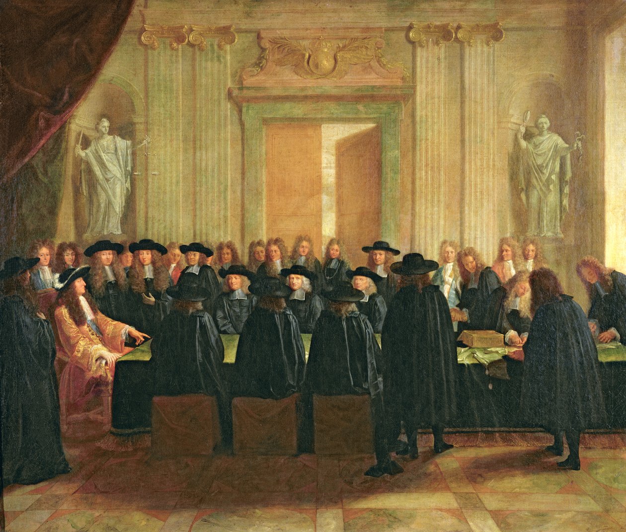 Das Siegel, das von Ludwig XIV. (1638-1715) vor Mitgliedern des Staatsrates und des Berufungsgerichts 1672 gehalten wurde, 1672 von French School
