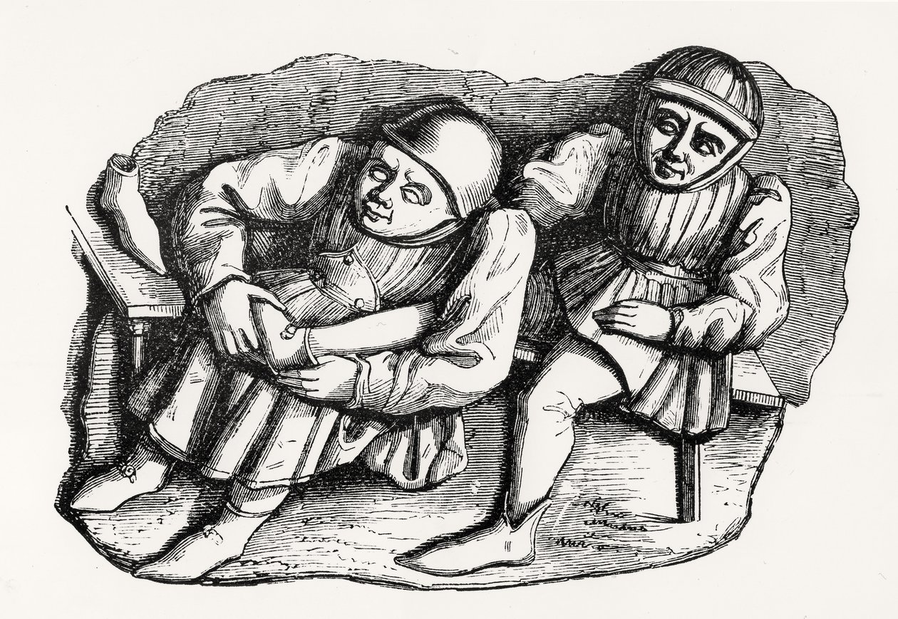 Der Schuster und sein Kunde, kopiert von einem der Misericordia-Stände im Chor der Kathedrale von Rouen, Illustration aus Wissenschaft und Literatur im Mittelalter und der Renaissance, geschrieben und von French School
