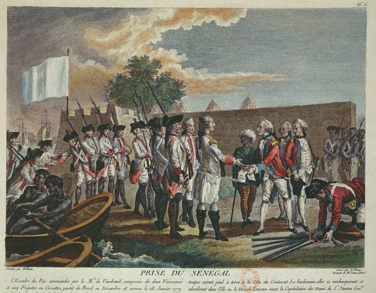 Die Eroberung von Senegal durch die Franzosen im Jahr 1779 während des Amerikanischen Unabhängigkeitskrieges, 1779 von French School