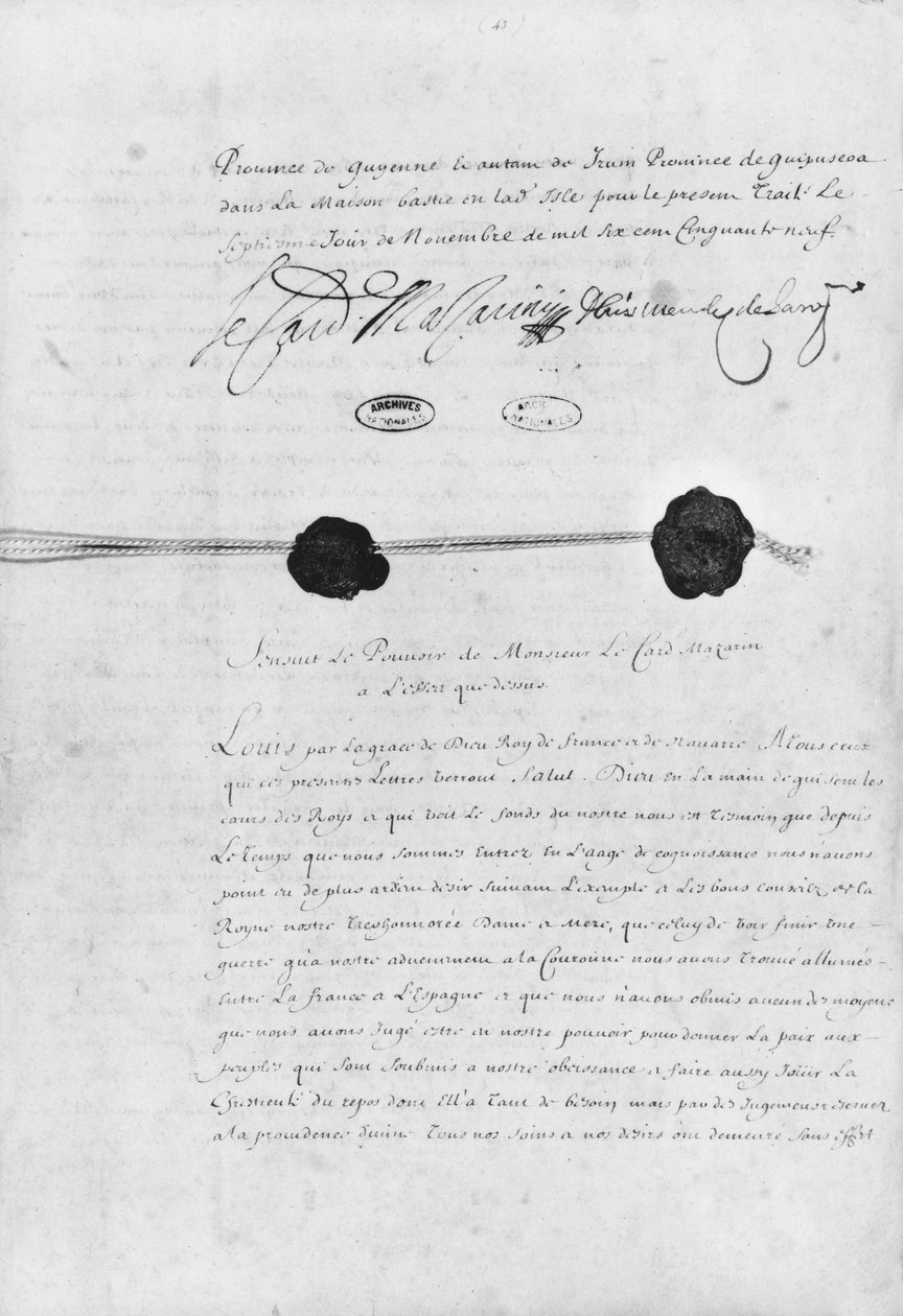 Der Vertrag der Pyrenäen, unterzeichnet von Kardinal Jules Mazarin und Don Luis Mendez de Haro, 7. November 1659 von French School