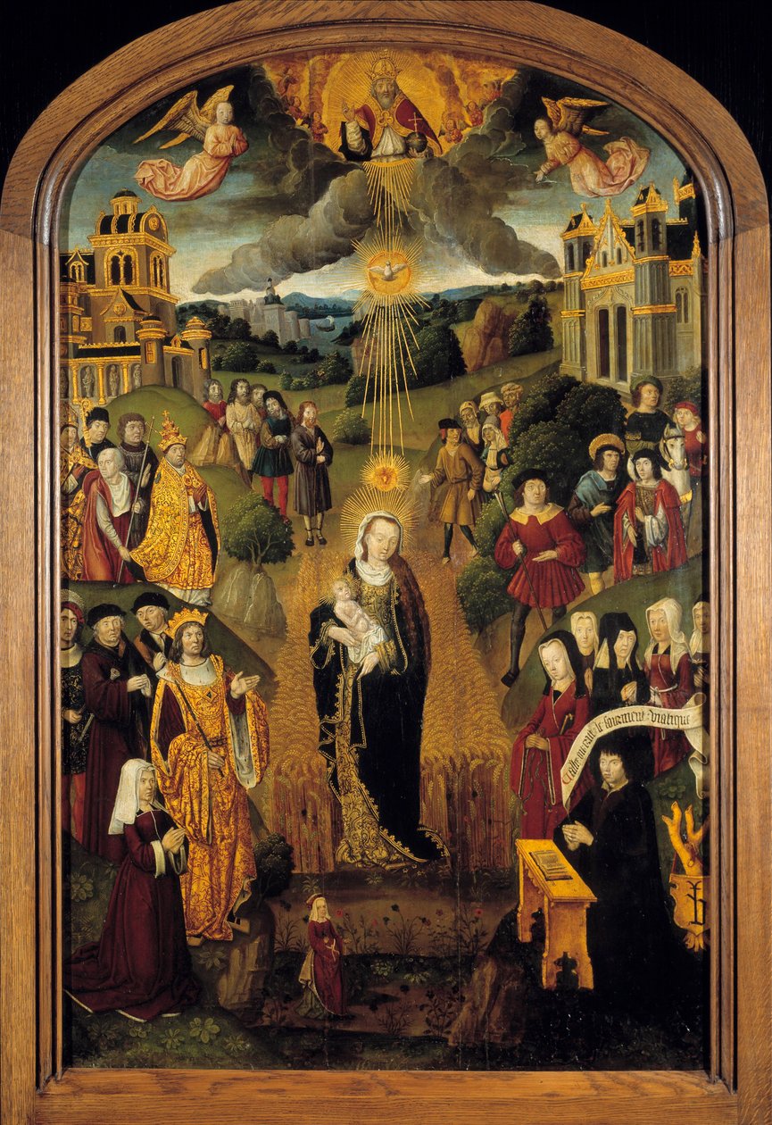 Die Jungfrau mit Weizen König Ludwig XII. (1462-1515) und Papst Alexander VI. (1431-1503) sind anwesend. Allmächtiger Gott hält die Weltkugel und segnet die Szene, während der Heilige Geist die Jungfrau und das Kind beschützt von French School