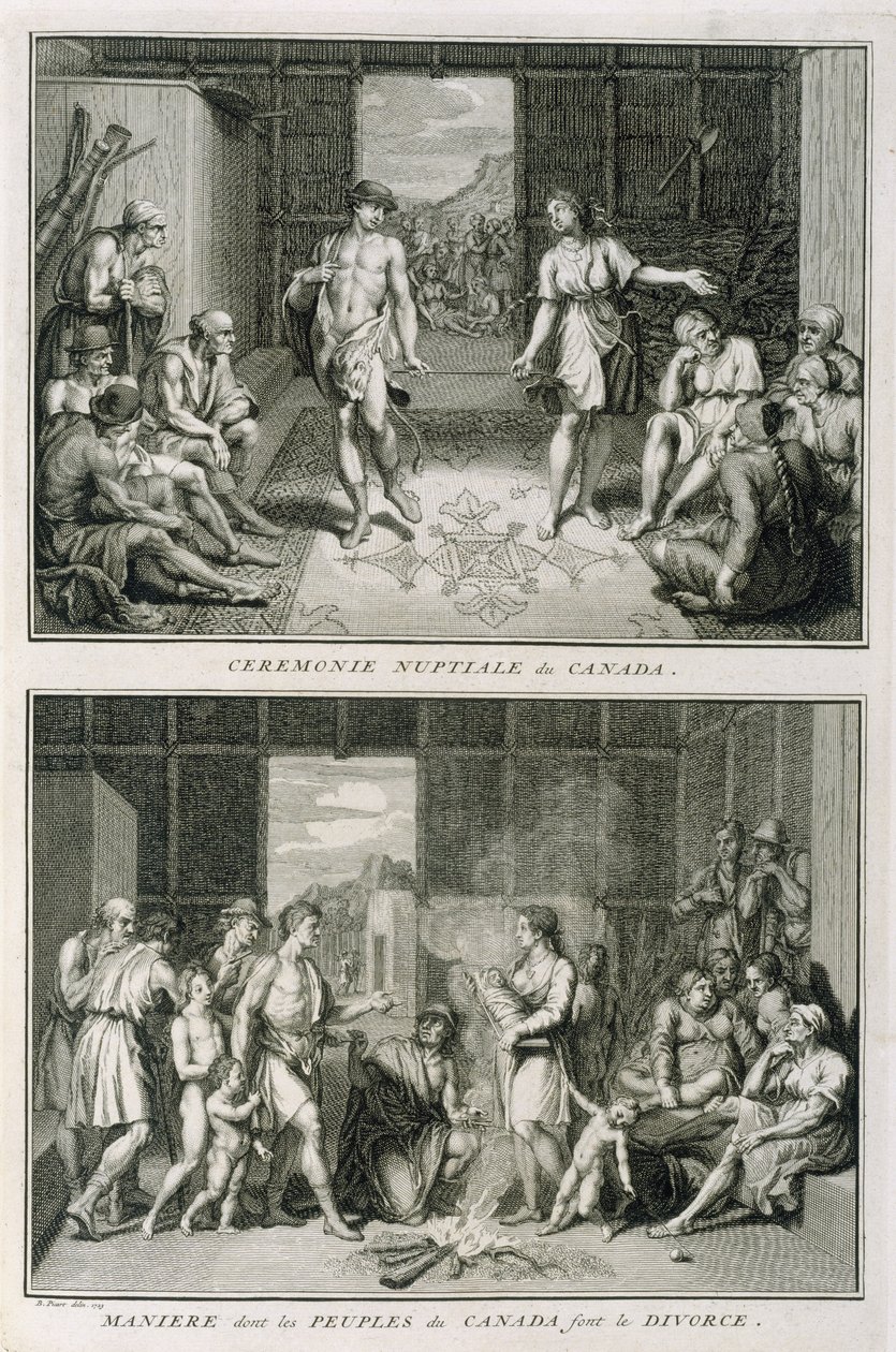 Die Hochzeitszeremonie und die Art der Scheidung in Kanada, Illustration aus Religiöse Zeremonien und Bräuche, graviert von Bernard Picart (1673-1733) 1723 von French School