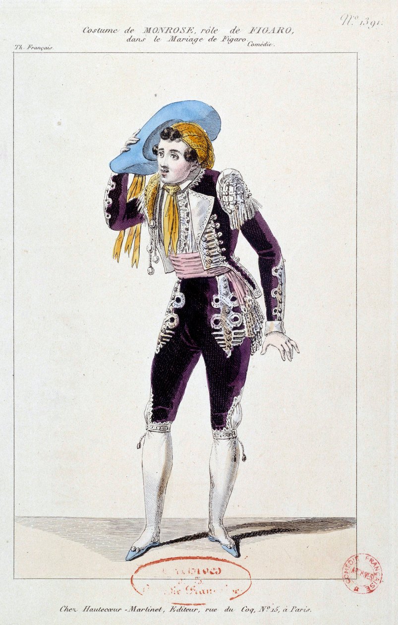 Der Schauspieler Claude Louis Seraphin Barizain (oder Barisain) genannt Monrose (1783-1843) in der Rolle des Figaro in „Le mariage de Figaro“ von Pierre Augustin Caron de Beaumarchais (1732-1799) 1784 Paris, Comédie-Française von French School