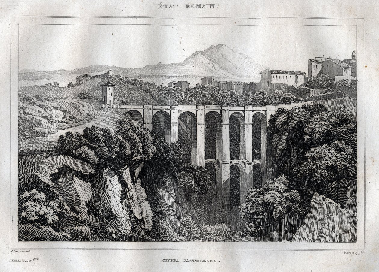 Die Brücke mit doppelten Arkaden - Civita Castellana - Provinz Viterbo - Italien - Gravur aus „Italien Picturesque - Historische und beschreibende Malerei von Italien“ von M. de Norvins, Ch. Nodier 1834-1836 von French School
