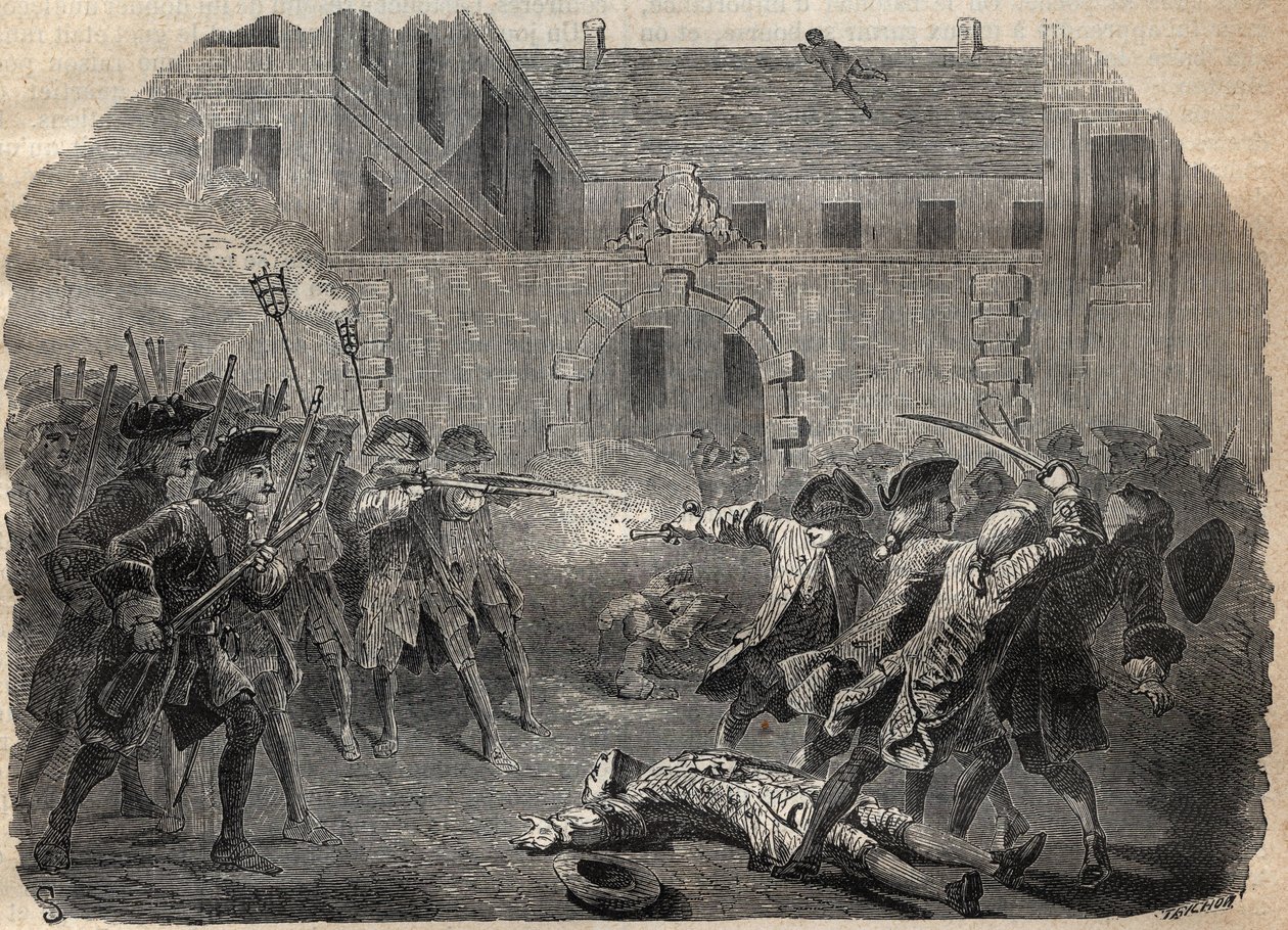 Der Bandit Louis Dominique Garthausen genannt Cartouche (1693-1721) und seine Gefährten, die das Hotel Desmaretz in Paris ausrauben wollen, werden überrascht und von den Bogenschützen angegriffen. Nach einem heftigen Kampf fliehen sie über die Dächer - Fra von French School