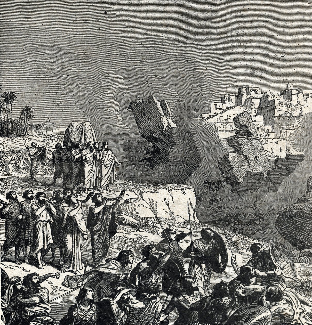 Die Eroberung von Jericho, während der die Israeliten ihre Trompeten unter den Stadtmauern ertönen lassen, deren Zugang ihnen verboten ist von French School