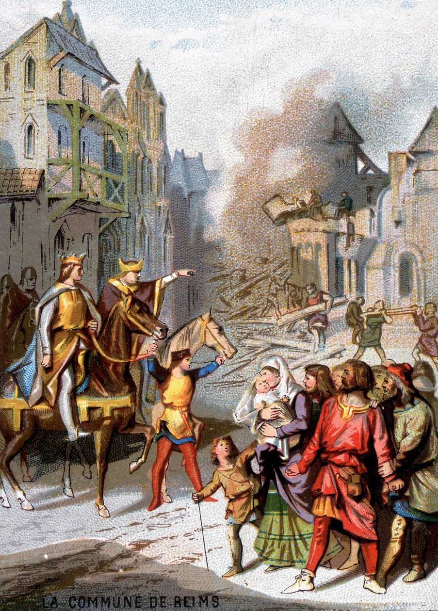 Die Kommune von Reims (1160) - Vergeltungsmaßnahmen von Ludwig VII., um die kommunalen Freiheiten der Bürger von Reims zu zerstören. Chromolithographie der Serie Patriotische Erziehung durch Bild von French School