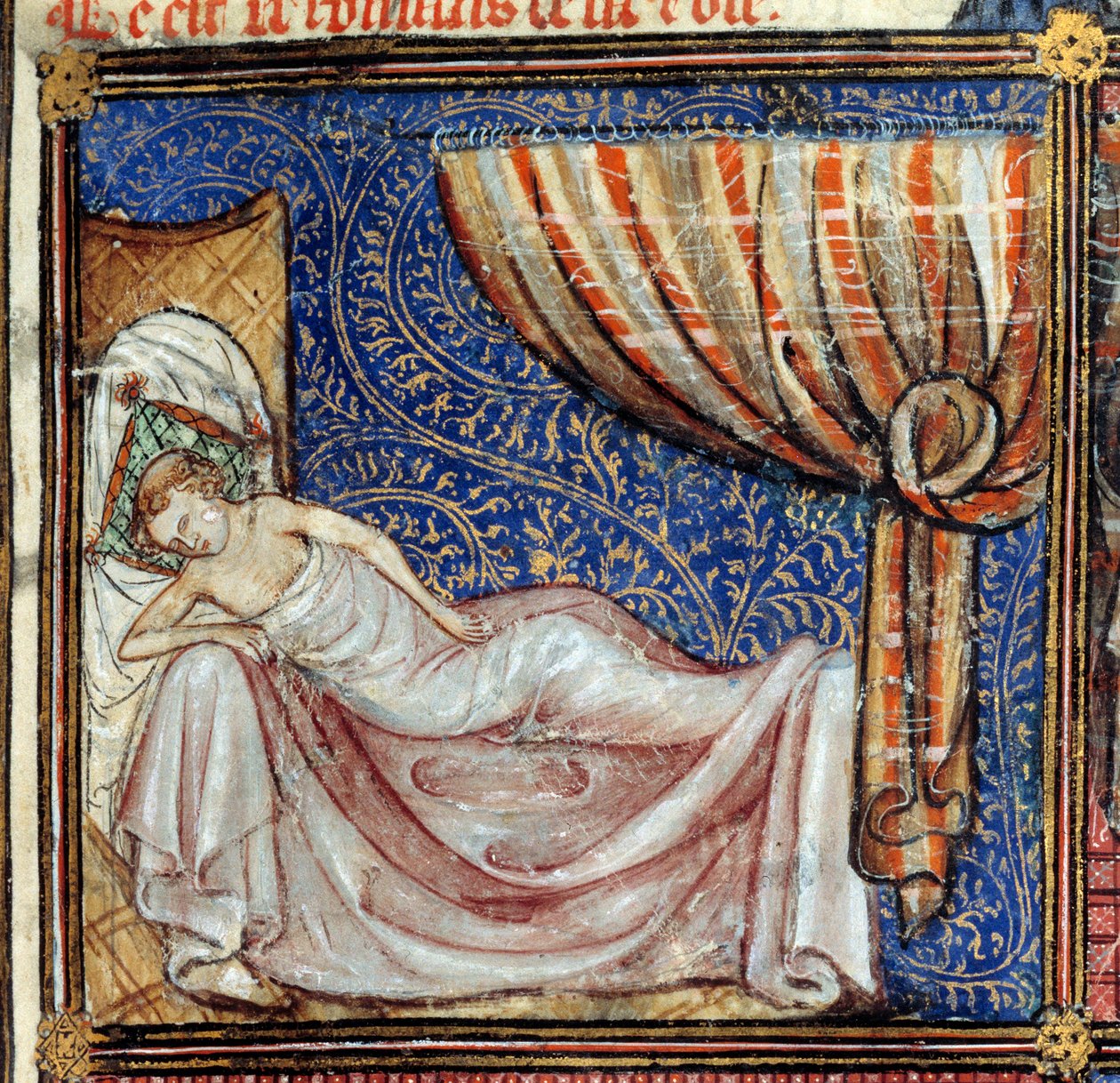 Der Traum, Detail: Der schlafende Liebhaber. Miniatur in „Le Roman de la rose“ von Jean de Meun, Jean de Meung oder Jean Chopinel, Jean Clopinel (ca. 1240-1305), um 1370. Chantilly, Musée Condé von French School