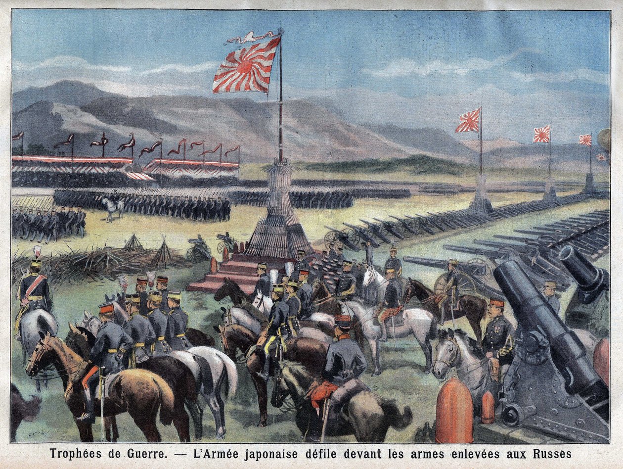 Das Ende des japanisch-russischen Konflikts, Japans siegreiche Armee sitzt vor der Übernahme der russischen Waffen, in „Le Petit Parisien“, am 24.06.1906 von French School