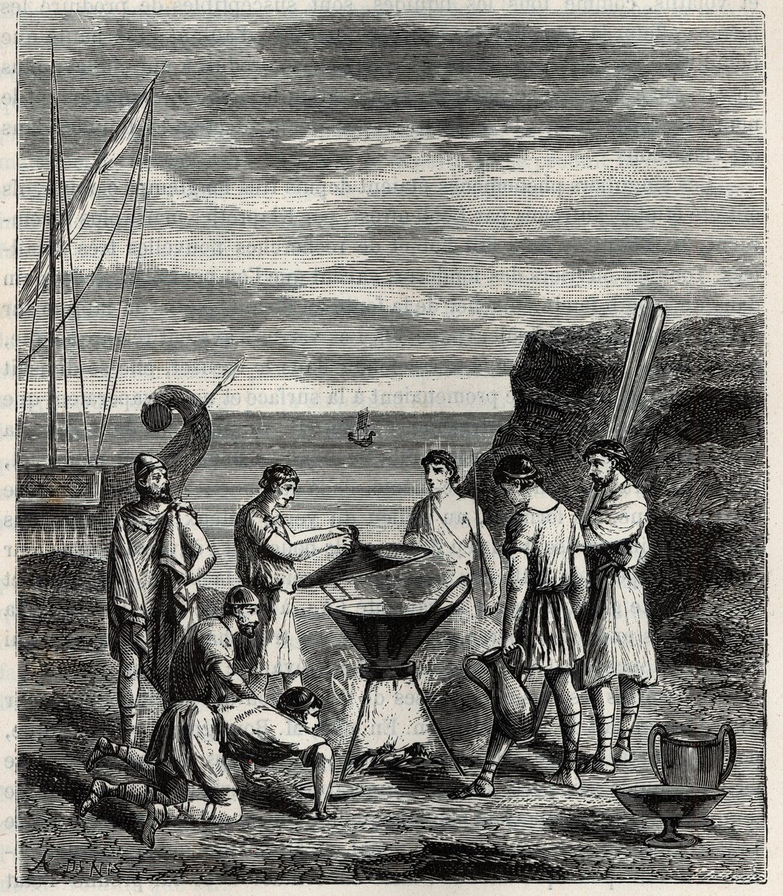 Die ersten Seefahrer im griechischen Archipel gewannen Frischwasser durch Verdampfen von Meerwasser - Gravur in „Sciences available to all - Popular physics and chemistry“ von Alexis Clerc - Ende 19. Jahrhundert - Private Sammlung von French School
