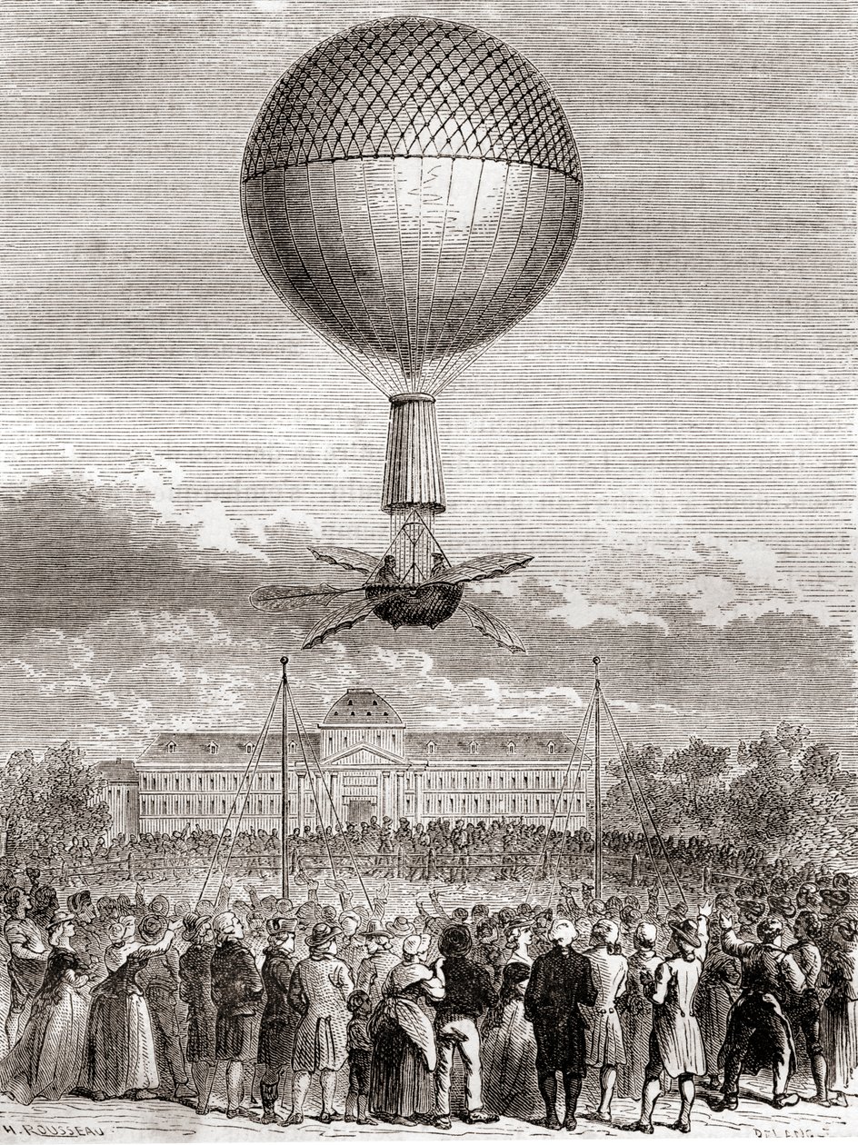 Der erste erfolgreiche Ballonflug von Jean-Pierre François Blanchard am 2. März 1784, in einem Wasserstoffgasballon vom Champ de Mars, Paris, Frankreich, aus Les Merveilles de la Science, veröffentlicht um 1870 (Gravur) von French School