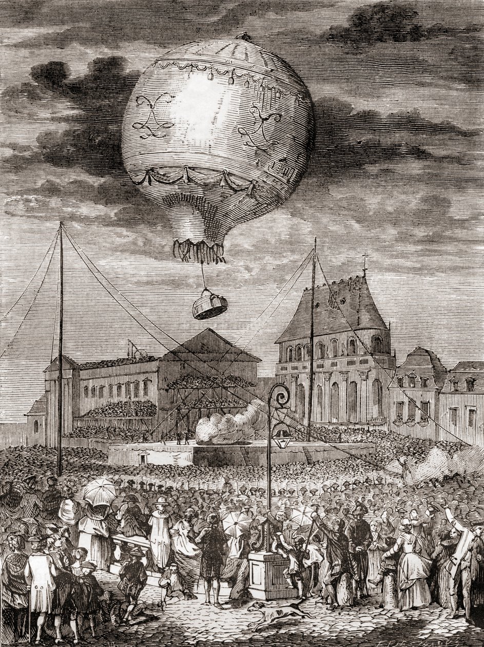 Der Flug des Aérostat Réveillon am 19. September 1783 durch die Montgolfier-Brüder in Versailles, Frankreich, vor König Ludwig XVI. von Frankreich und Königin Marie Antoinette, aus Les Merveilles de la Science, veröffentlicht um 1870 (Gravur) von French School