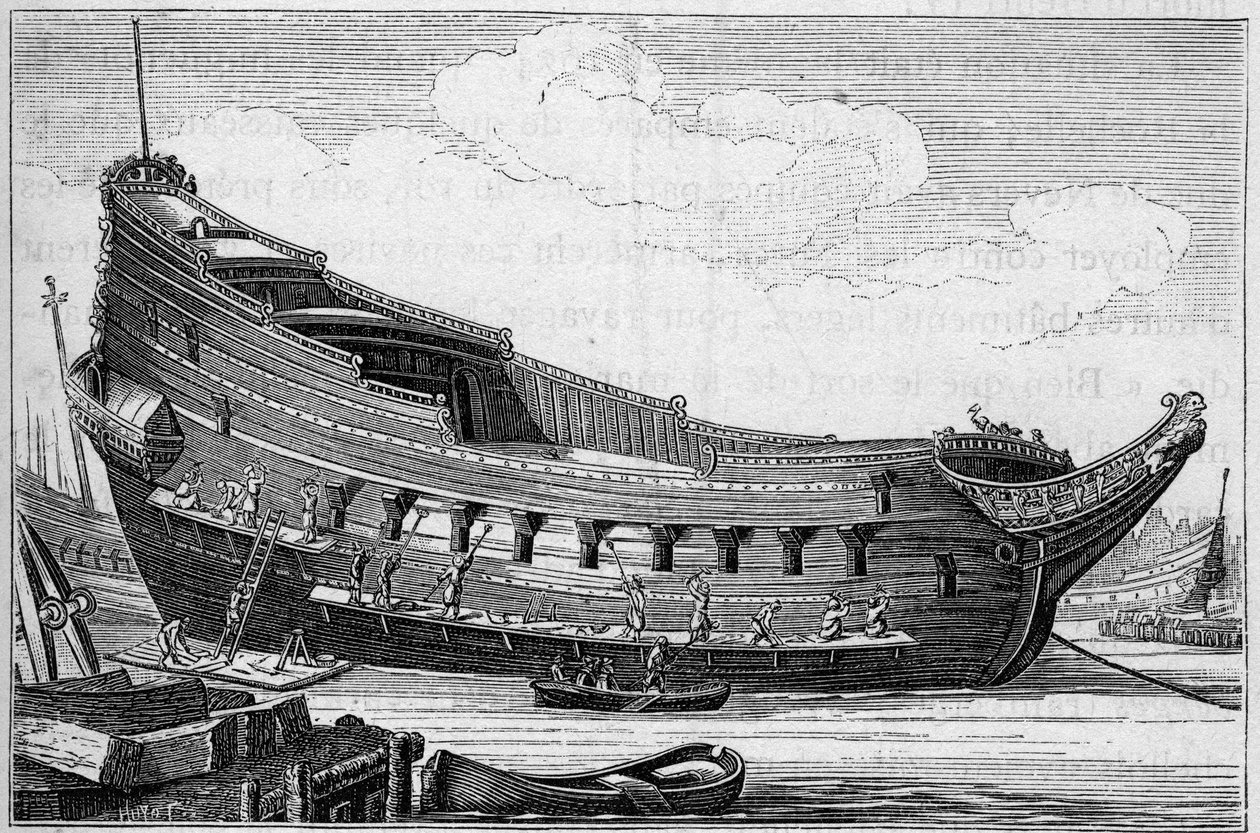 Der Rumpf eines großen Schiffes im 17. Jahrhundert. Gravur in 