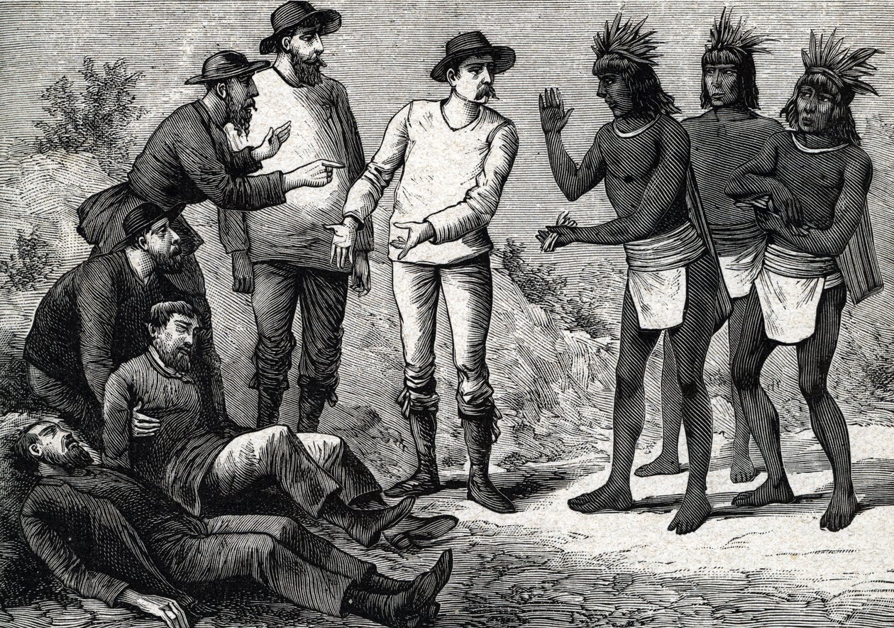 Die Bewohner von Peru helfen den kolonialen Europäern, die an Malaria leiden, mit Chinarinde (Gravur) 1888 von French School