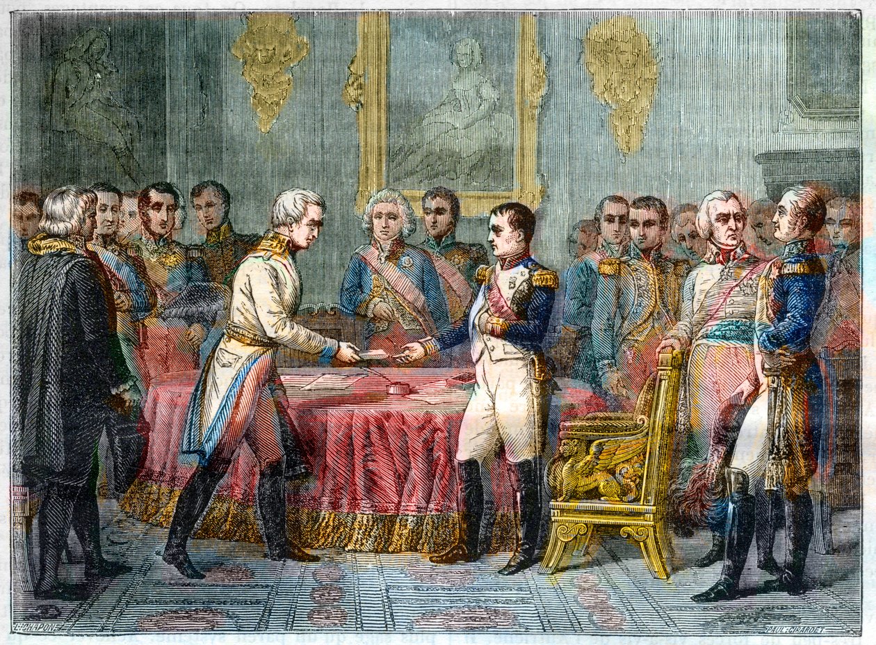 Das Treffen von Erfurt, 27. September - 14. Oktober 1808 - Napoleon I. empfängt Baron Vincent, österreichischer Diplomat und Gesandter des Kaisers von Österreich, rechts Alexander I. von Russland (1777-1825) - Versammlung der Fürsten in Erfurt am 27. Septe von French School