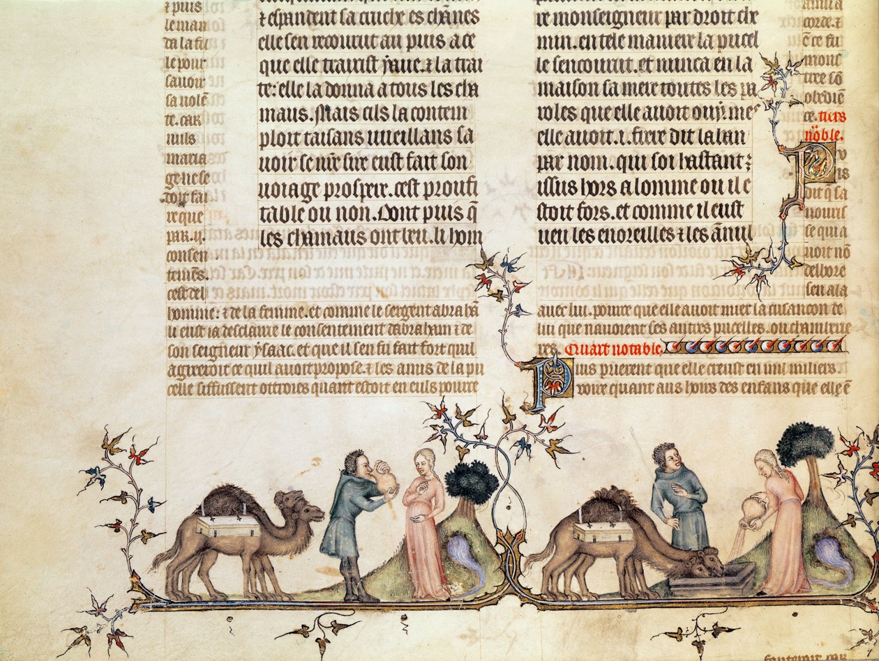 Das Treffen von Eliezer und Rebecca am Brunnen, aus der Bibel von Jean de Sy, ca. 1355 von French School