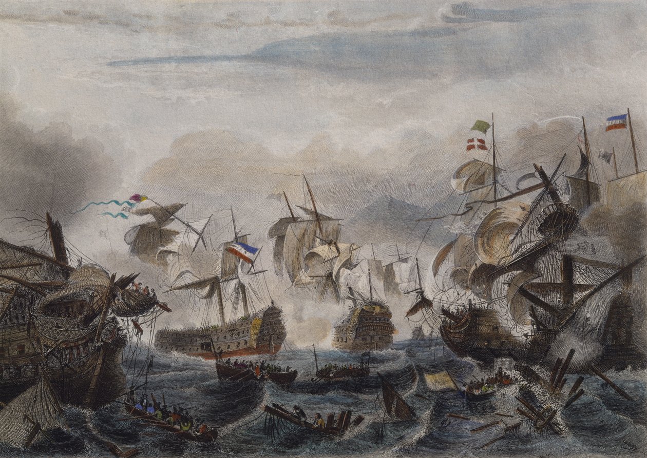 Die Seeschlacht von Kap La Hogue im Jahr 1692, graviert von Chavanne von French School