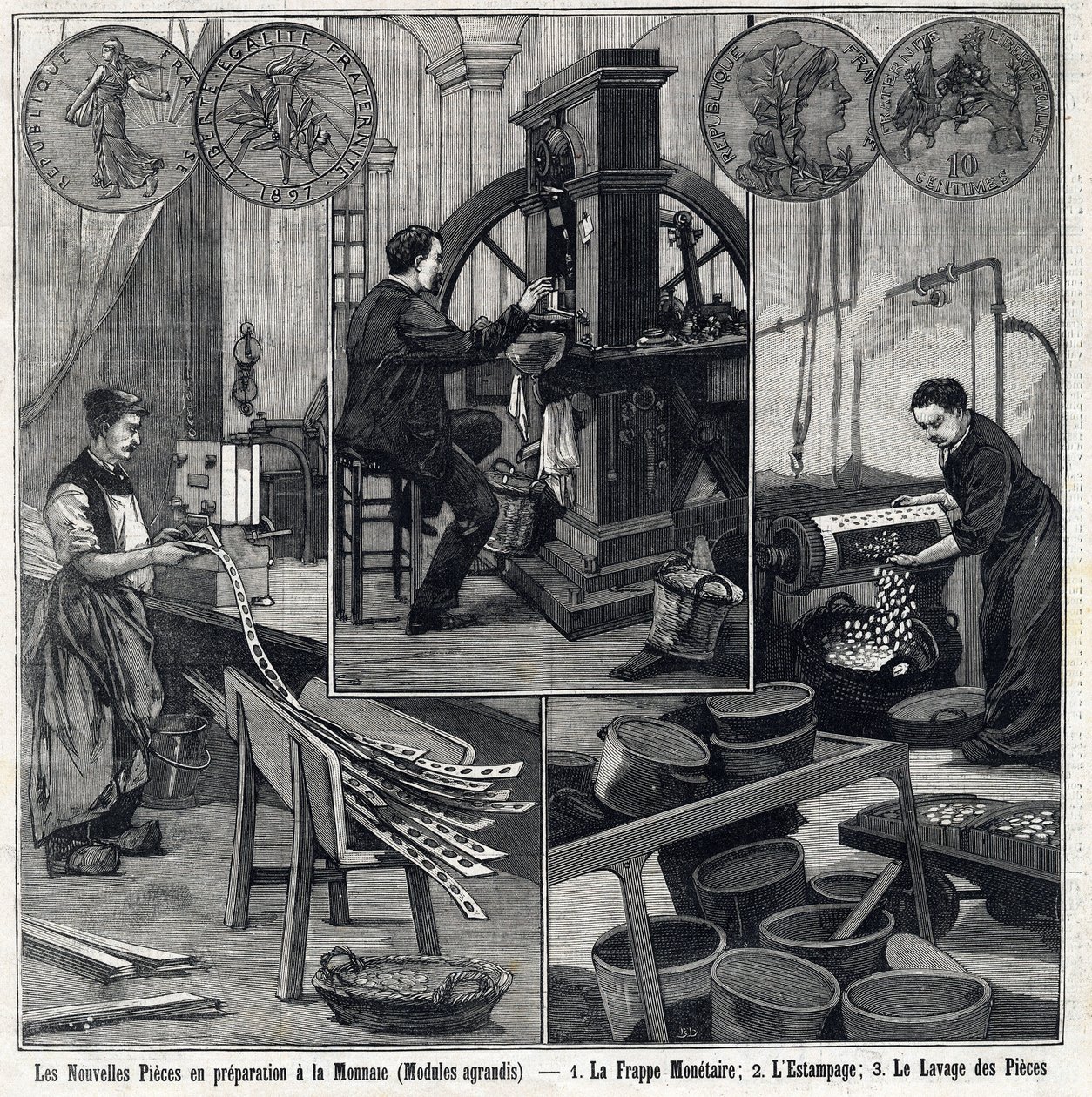 Die neuen französischen Münzen in Vorbereitung haben die Münzen und die Herstellungsstufen (Münzprägung, Stempeln und Waschen der Münzen). In „Le Petit Parisien“ von French School