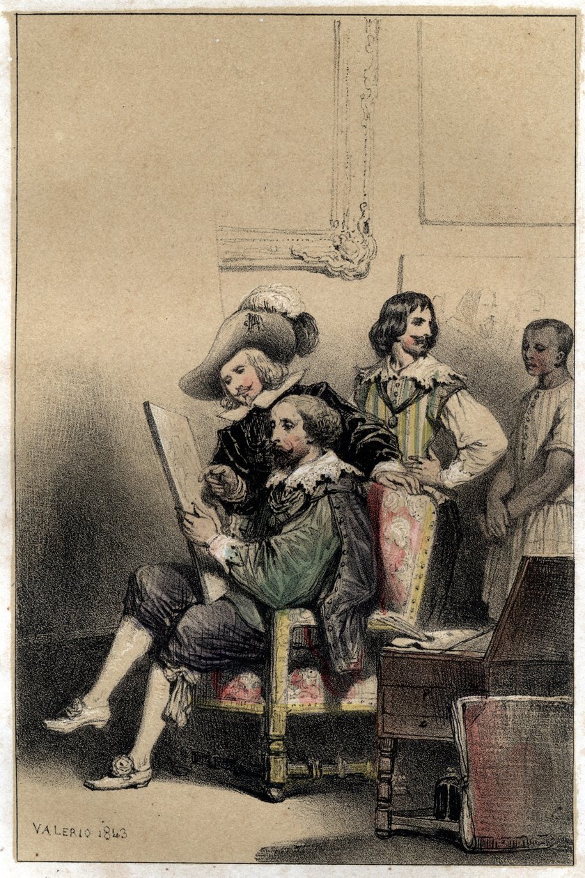 Der Maler Diego Velázquez (1599-1660) empfängt in seinem Atelier Pierre Paul Rubens (1577-1640). Platte aus "Szenen aus dem Leben berühmter Männer", Gravur in zwei Farben von Valerio. 1843 von French School