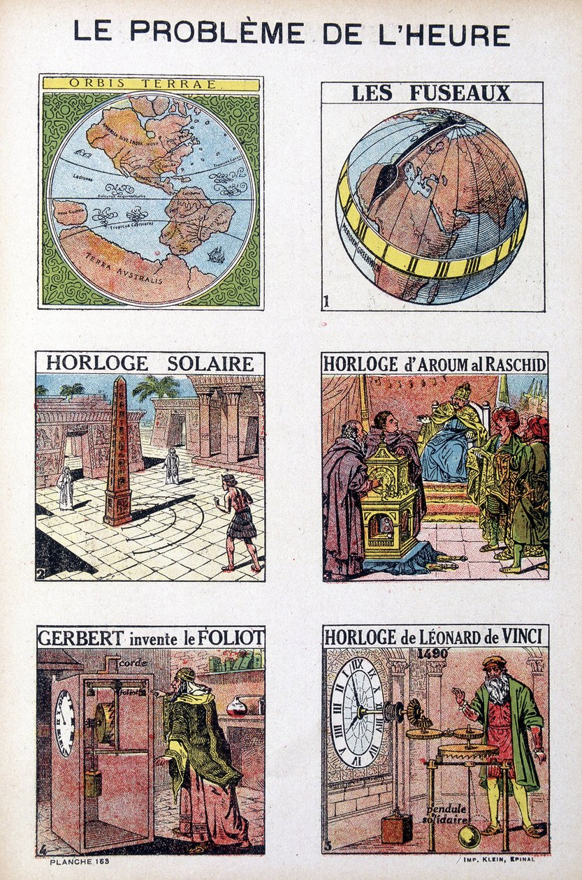 Das Problem der Zeit: Orbis Terrea, die Spindel, Sonnenuhr, Uhr von Aroum Al Racshid, Gerbert erfindet den Foliot, Uhr von Leonardo da Vinci - Gravur, Anfang 20. Jahrhundert von French School