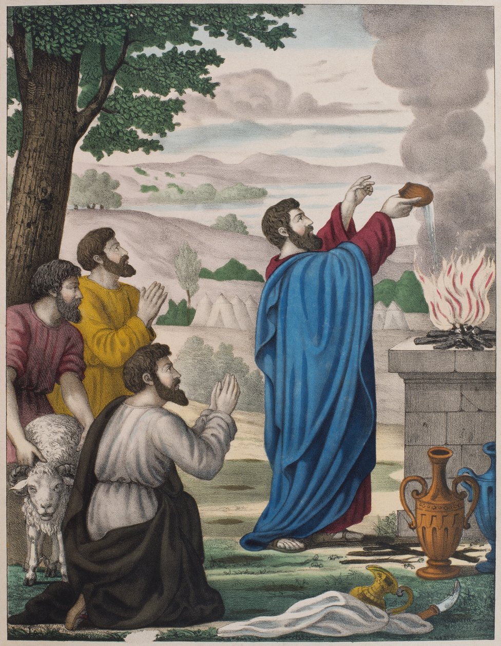 Die rivalisierenden Opfer von Elia und den Priestern des Baal, Illustration aus einem Katechismus L