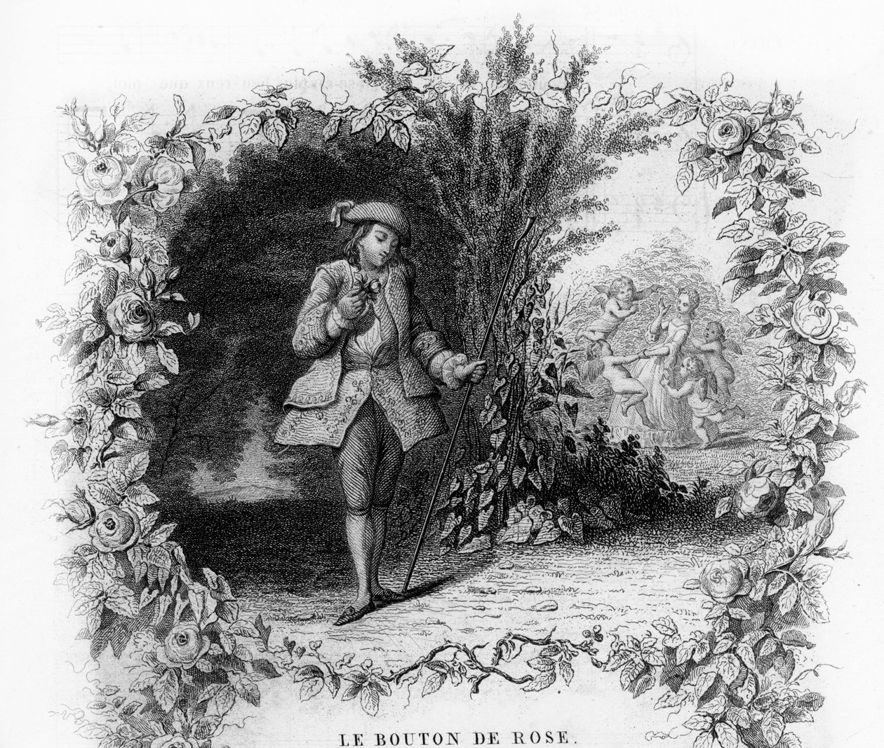 Der Rosenknospe. Ein einsamer und romantischer junger Mann in einem Garten, am Ende dessen eine junge Frau von Amor umgeben ist. Gravur in „Chants et chansons populaire de la France“, Band 2 von French School
