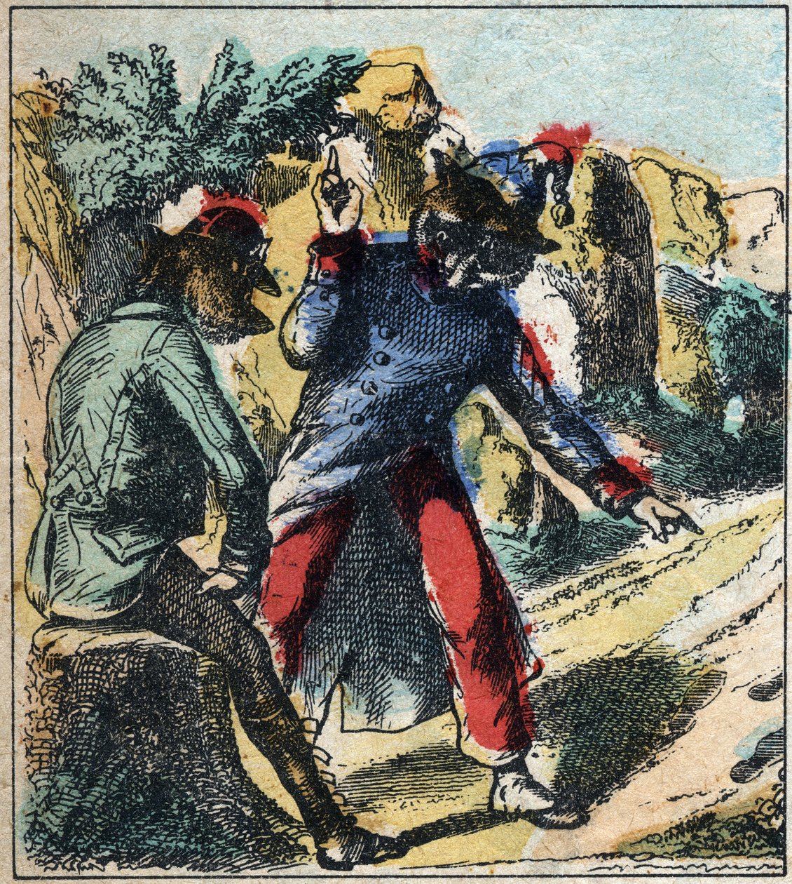 Der kranke Löwe und der Fuchs. Fabeln von Jean de La Fontaine (1621-95). Epinal-Bild vom Ende des 19. Jahrhunderts von French School