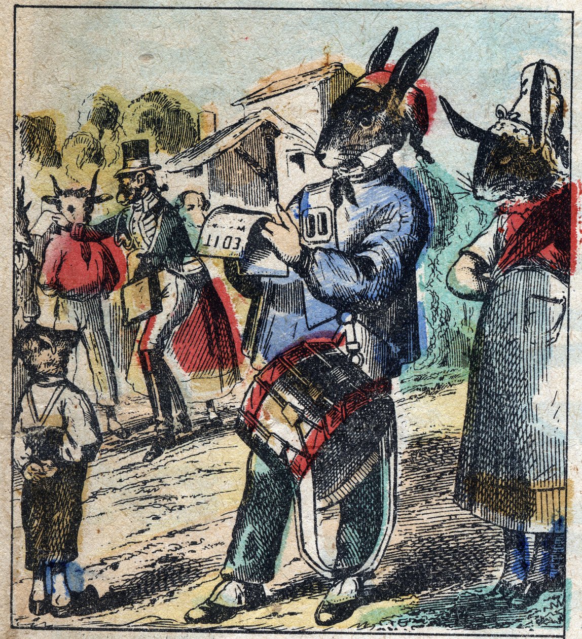Der kranke Löwe und der Fuchs. Fabeln von Jean de La Fontaine (1621-95). Epinal-Bild vom Ende des 19. Jahrhunderts von French School