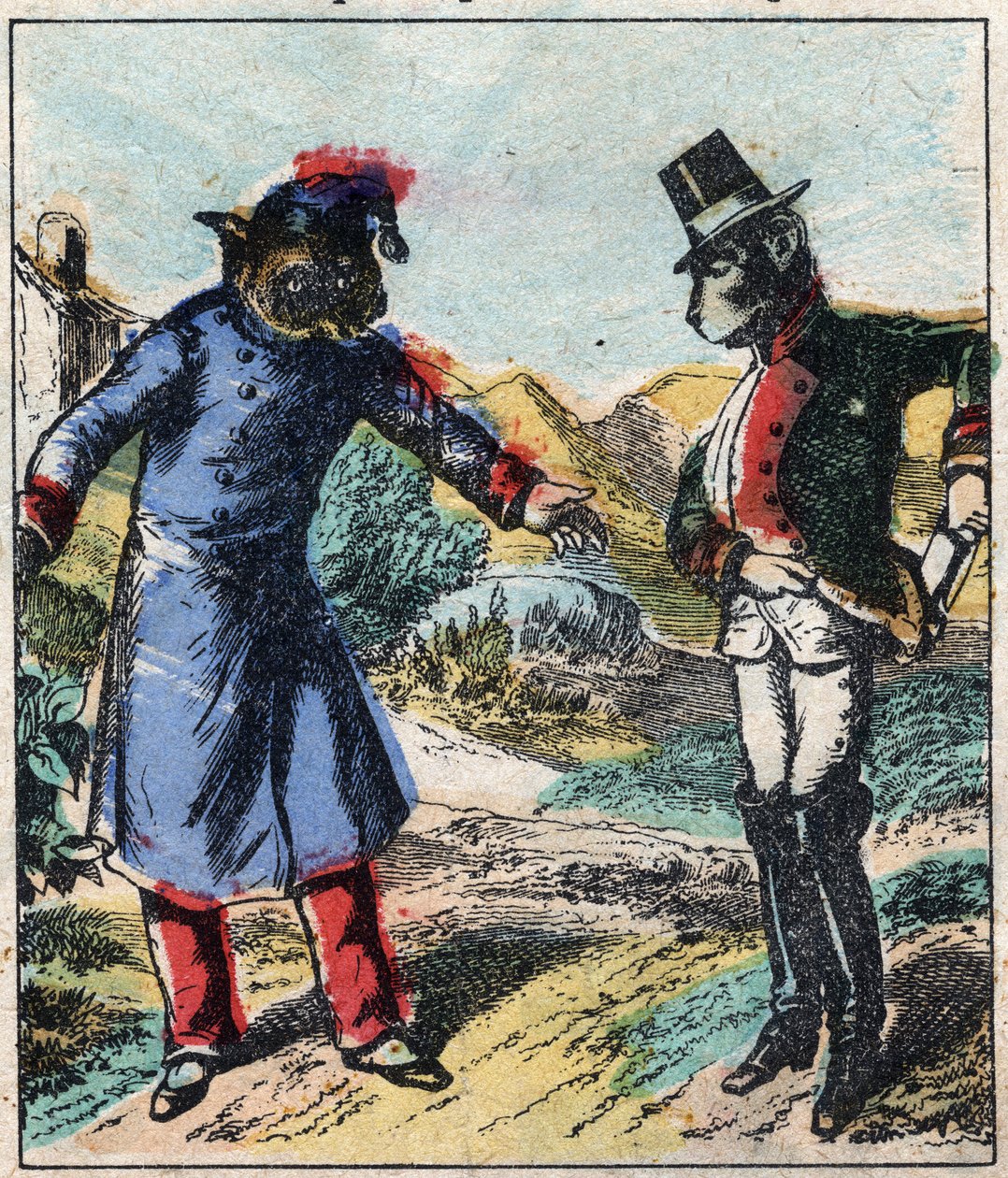 Der kranke Löwe und der Fuchs. Fabeln von Jean de La Fontaine (1621-95). Epinal Imaging aus dem späten 19. Jahrhundert. von French School