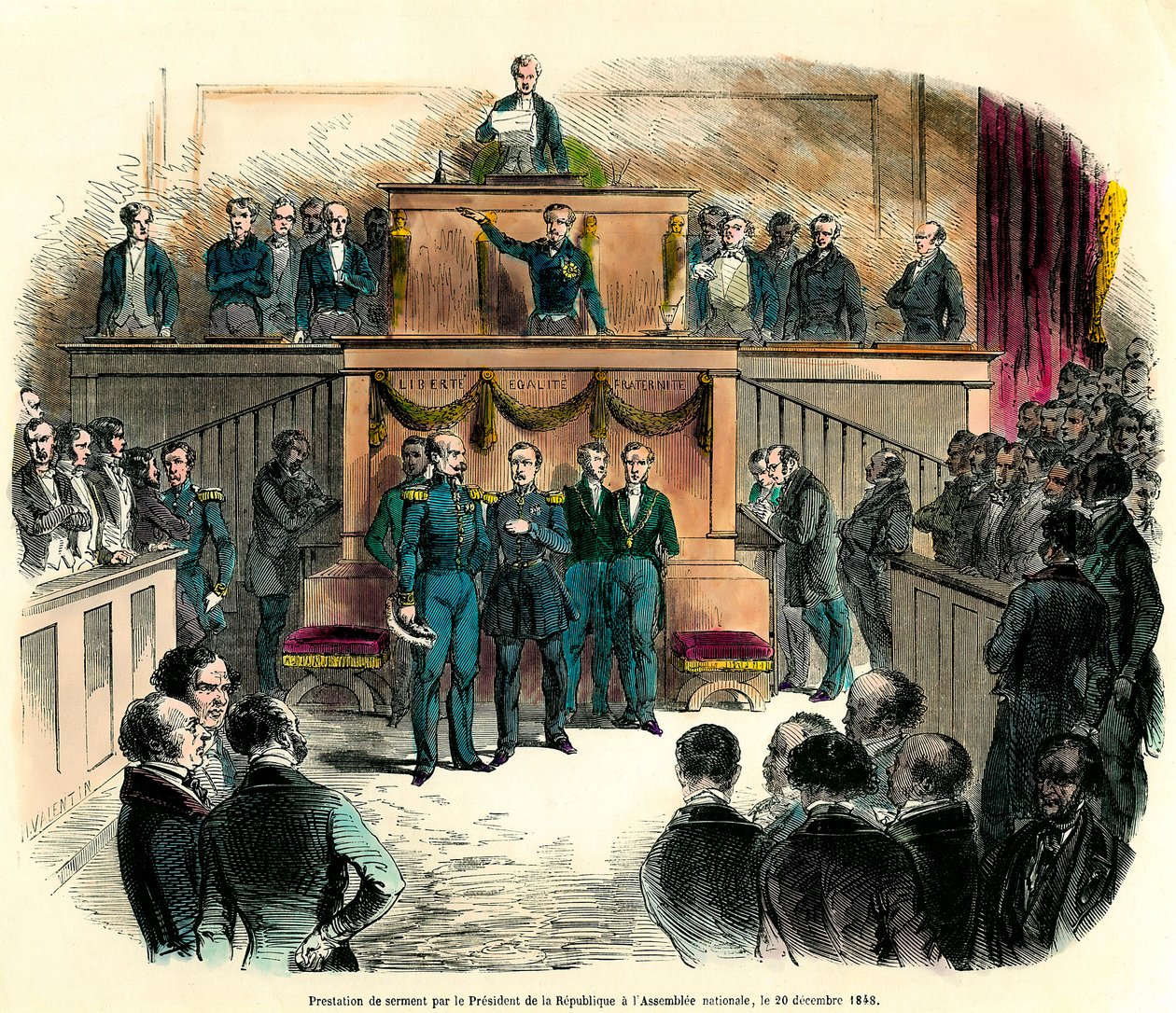 Die Vereidigung von Louis Napoleon III (Louis-Napoleon), der offiziell zum Präsidenten der Republik erklärt wurde, in der Nationalversammlung am 20. Dezember 1848. Er schwört „der einen und unteilbaren demokratischen Republik treu zu bleiben und alle von French School