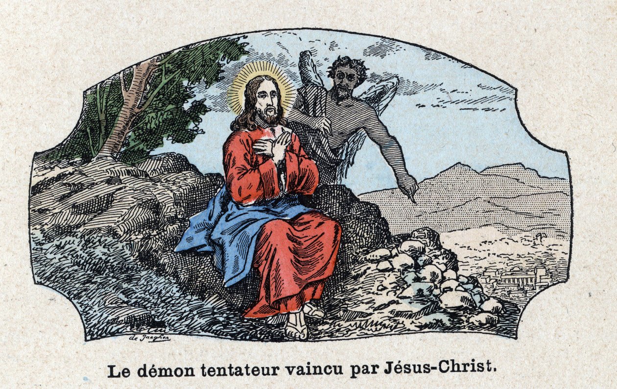 Der verführerische Dämon von Jesus Christus besiegt. Jesus Christus wurde vom Geist in die Wüste geführt und vom Teufel versucht. In "Tout l