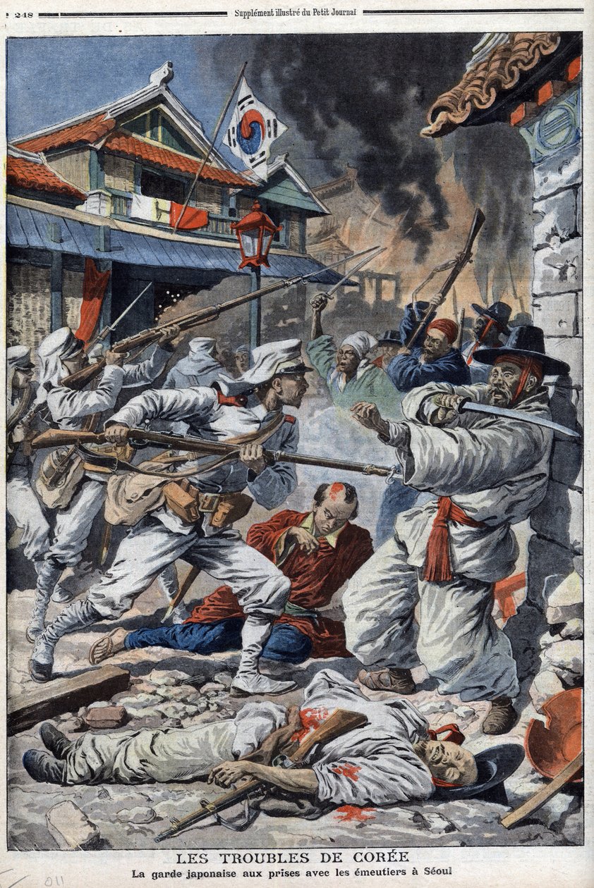 Die Unruhen in Korea, die japanische Wache kämpft mit den Aufständischen in Seoul, unzufrieden mit der Abdankung von Yi-Yeung - „Le Petit Journal“ vom 4. August von French School