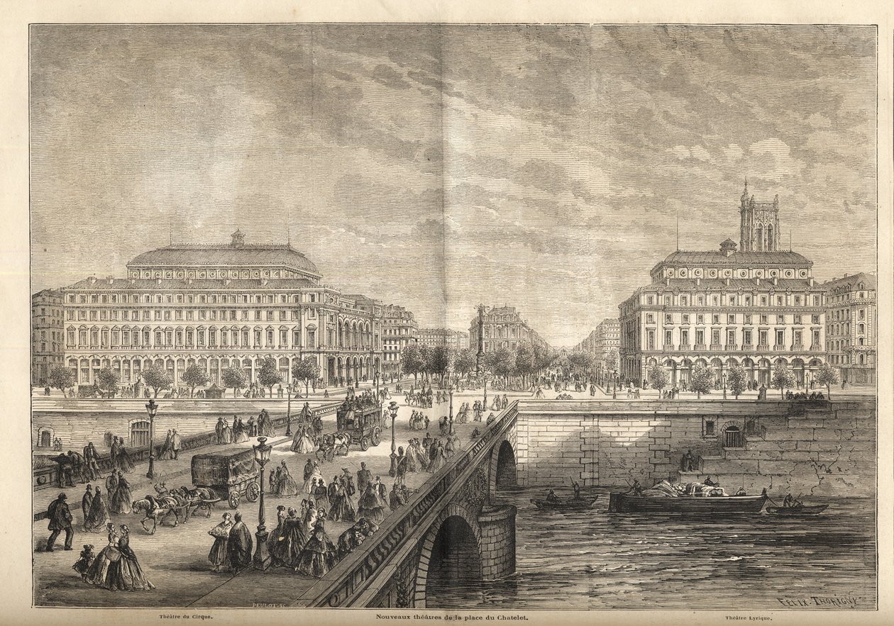 Die beiden neuen Theater am Place du Châtelet in Paris im Jahr 1862 - Gravur aus 