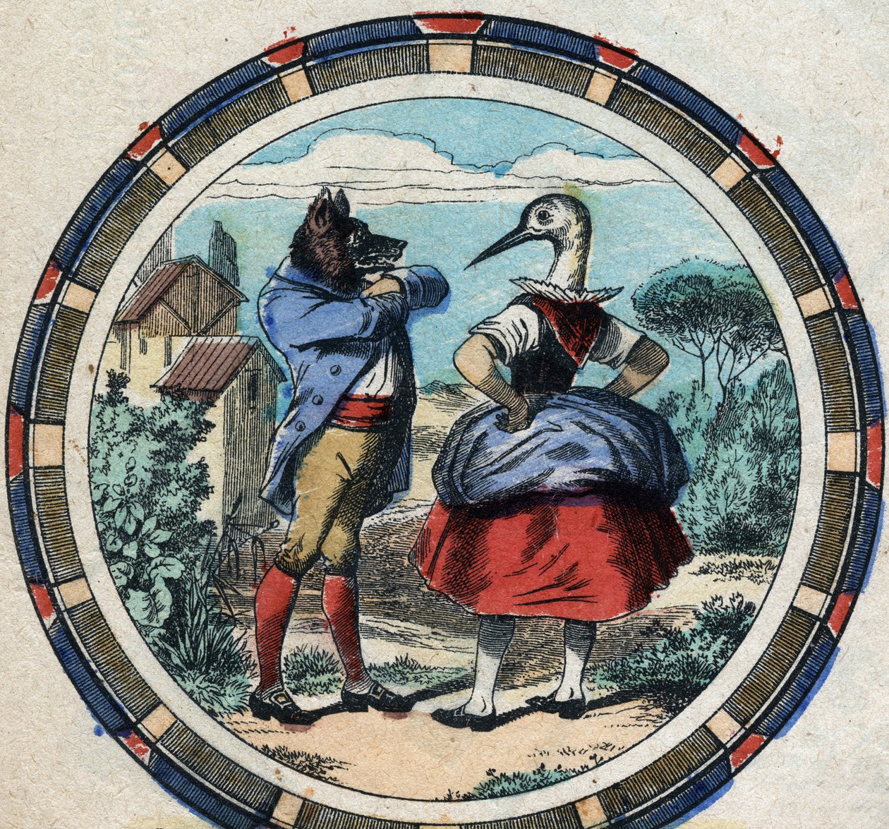 Der Wolf und der Storch. Fabeln von Jean de La Fontaine (1621-95). Epinal Imaging aus dem späten 19. Jahrhundert. von French School
