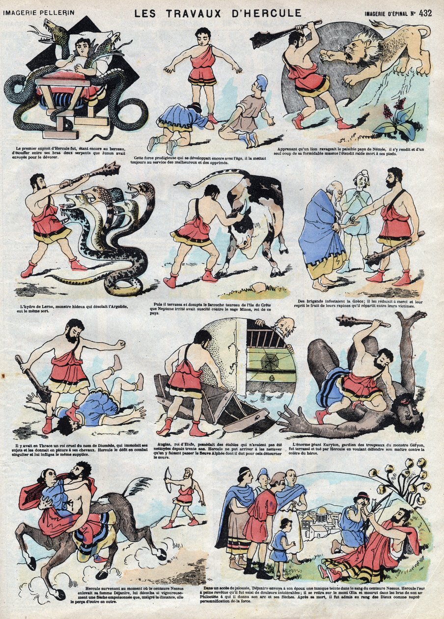 Die Werke des Herkules (Herakles). In der römischen und griechischen Mythologie ist Herkules ein Held: Noch als Kind erwürgt er zwei Schlangen mit bloßen Händen in seinem Bett und stellt seine Stärke in den Dienst der Unglücklichen, besiegt den Löwen von N von French School