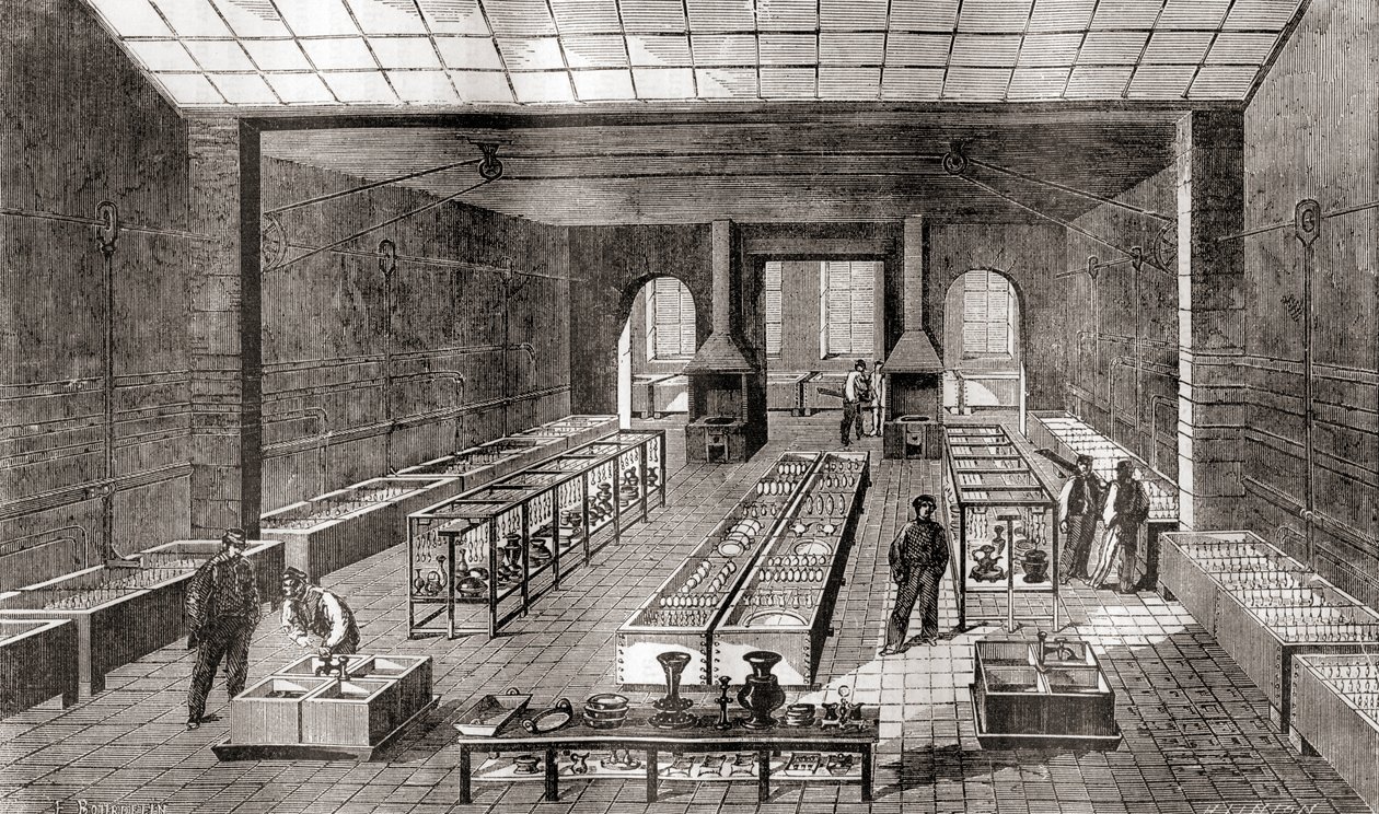 Die Werkstatt mit den chemischen Bädern in Charles Christofles Galvanisierungsanlage, Paris, Frankreich im Jahr 1867, aus Les Merveilles de la Science, veröffentlicht um 1870 (Gravur) von French School