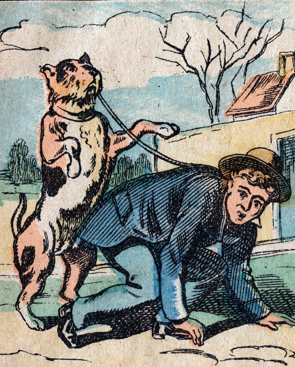Die Welt auf den Kopf gestellt, ein imaginäres Land: ein Hund führt seinen Herrn an der Leine - Epinal-Bild von French School
