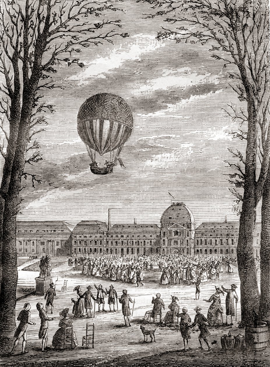 Der erste bemannte Wasserstoffballonflug der Welt über den Champs de Mars, Paris, Frankreich am 1. Dezember 1783, gesteuert von Nicolas-Louis Robert und Professor Jacques Charles, aus 