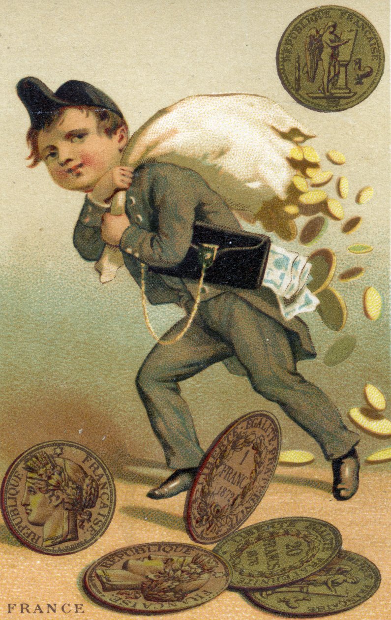 Dieb, der mit einem Sack französischer Francs und Banknoten entkommt, aus einer Serie von Werbekarten über Währungen in verschiedenen Ländern, veröffentlicht in Paris von Baster & Vieillemard für den Schokoladenhersteller von French School