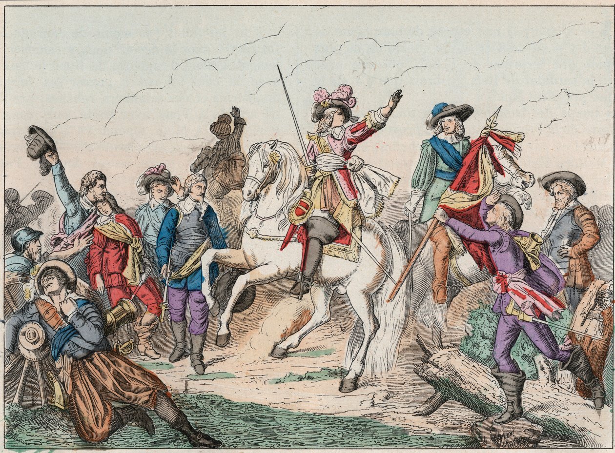 Dreißigjähriger Krieg (1618-1648): Prinz Louis II. von Bourbon Conde, bekannt als der Große Conde (1621-1686), Herzog von Enghien, begrüßt die Leiche des Grafen von Fontaine in der Schlacht von Rocroi gegen die Spanier am 19. Mai. von French School