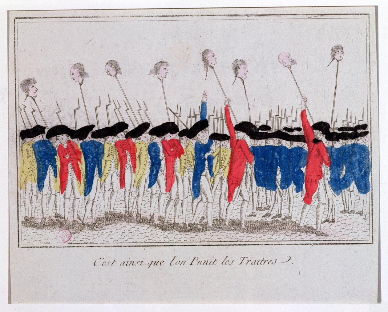 So werden Verräter bestraft, Sansculotten tragen die Köpfe der Guillotinierten, 1789 von French School