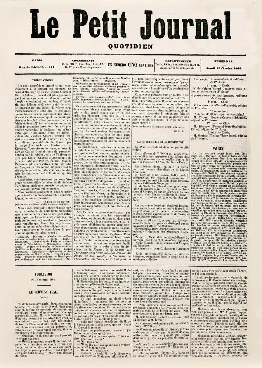 Titelseite der Tageszeitung Le Petit Journal, 12. Februar 1863 von French School