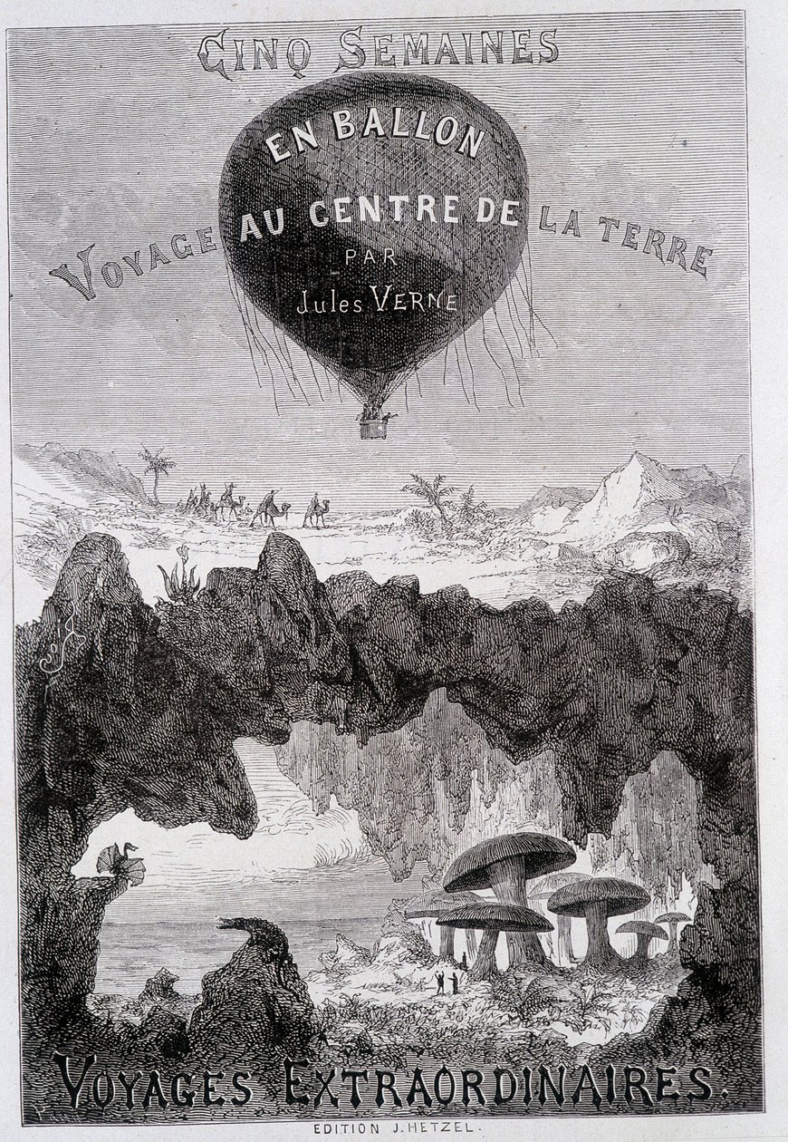 Titelseite: „Fünf Wochen im Ballon“ und „Reise zum Mittelpunkt der Erde“ von Jules Verne, sd. Ausgaben Hetzel unter dem allgemeinen Namen „Les Voyages Extraordinaires“ von French School