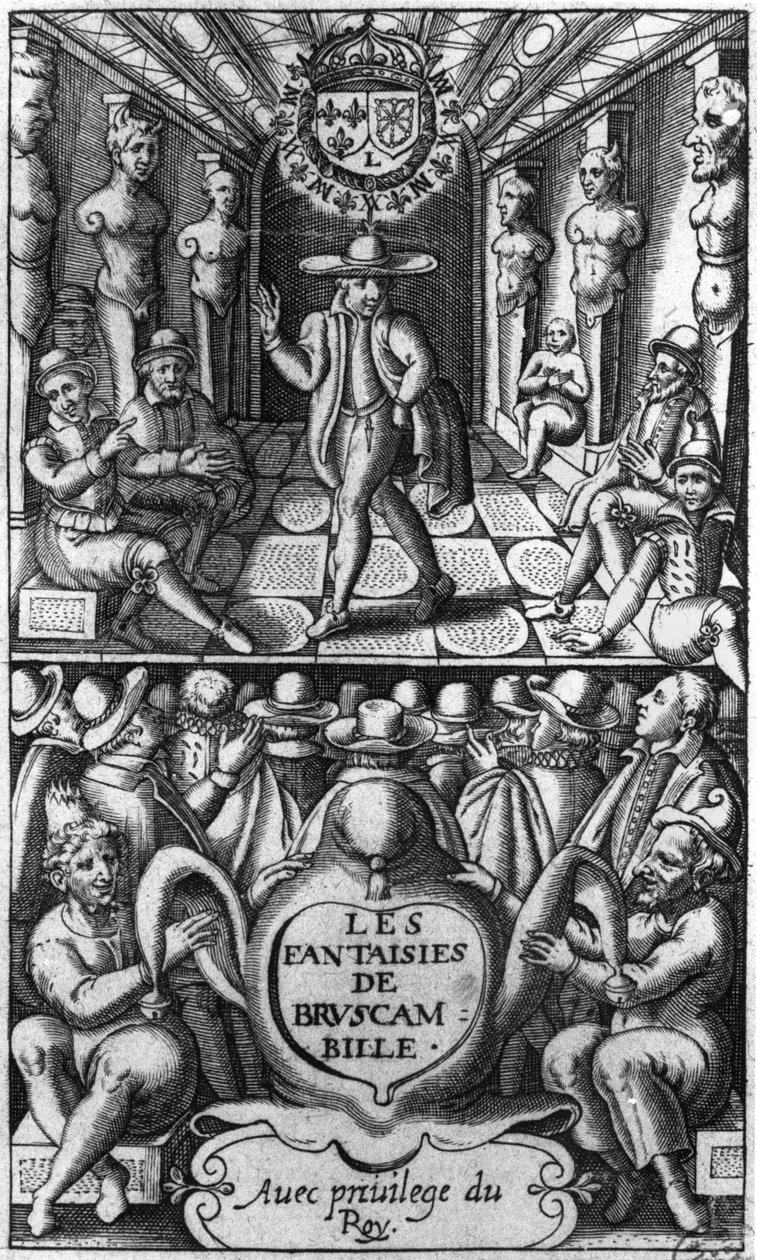 Titelseite von Les Fantaisies de Bruscambille, veröffentlicht 1615 von French School