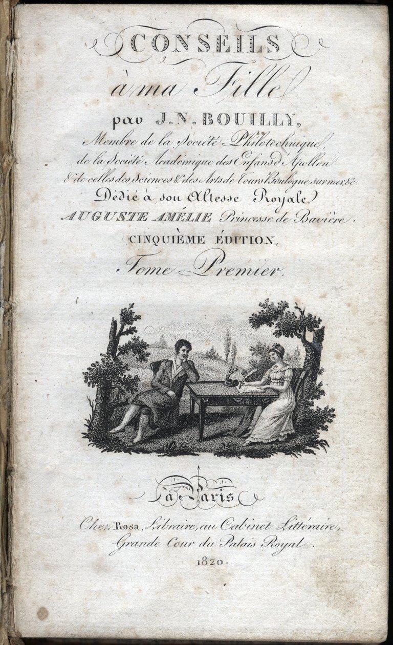 Titelseite von „Ratschläge an meine Tochter“ von Jean Nicolas Bouilly (1763-1842). 1820. Private Sammlung. von French School